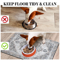 Cuslnox dog food mat protects floors from spills and mess.