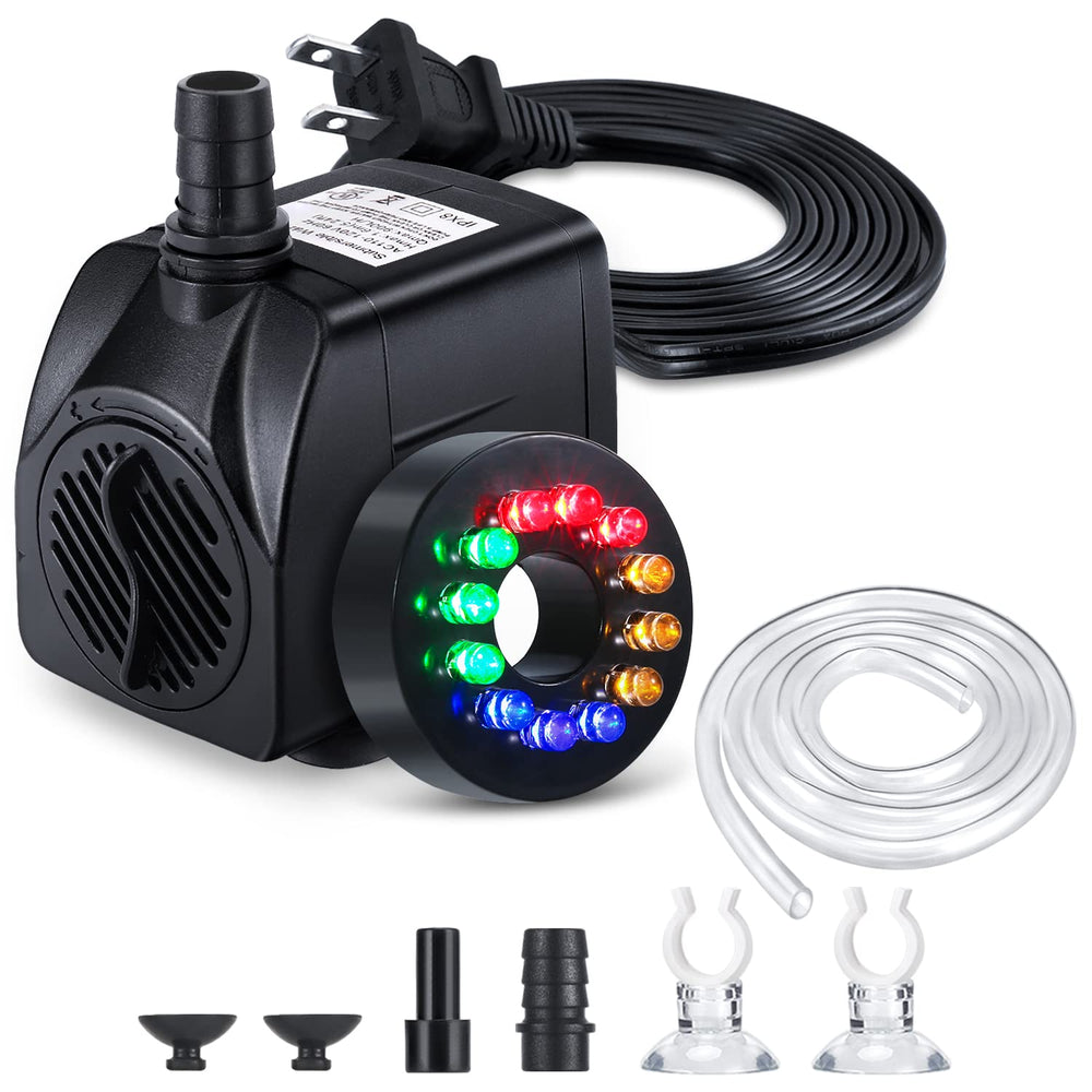 CWKJ fountain pump with LED lights, front view showing vibrant night illumination.