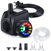CWKJ fountain pump with LED lights, front view showing vibrant night illumination.