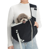 CynosCape small dog sling carrier worn, exterior view for hands-free outings.