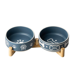 Dafuceramic dog bowls on stand with bone pattern for stable mealtime