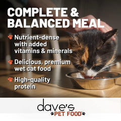 Dave's Pet Food can label shows added vitamins and minerals for balanced nutrition.