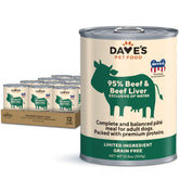 Dave's Pet Food 95% beef-liver wet dog food can shows protein-rich meal.