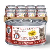 Dave's Pet Food Cat Kidney Support Chicken Stew bottle shows kidney-friendly hydration.
