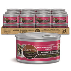 Dave's Pet Food grain-free wet cat food can with minced chicken in gravy, highlighting texture.