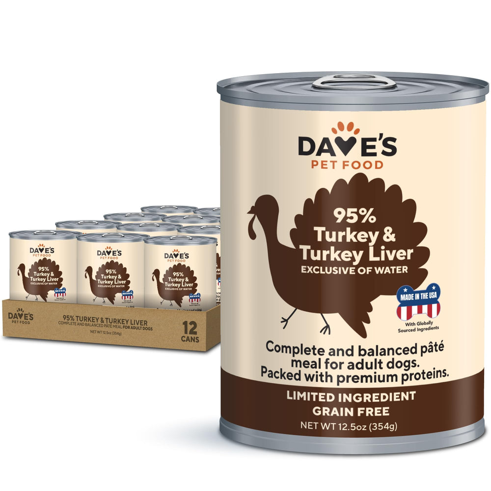 Dave's Pet Food grain-free wet dog food can with turkey meat visible for flavor