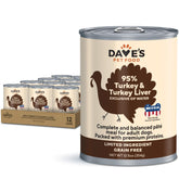 Dave's Pet Food grain-free wet dog food can with turkey meat visible for flavor