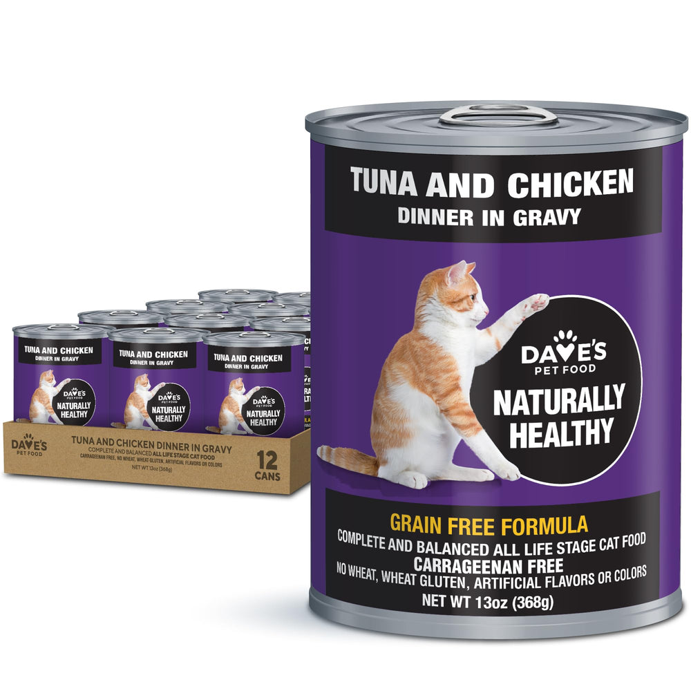 Dave's Pet Food tuna-chicken dinner in gravy cans; hydration and protein depiction