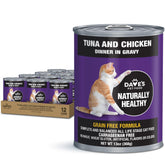 Dave's Pet Food tuna-chicken dinner in gravy cans; hydration and protein depiction