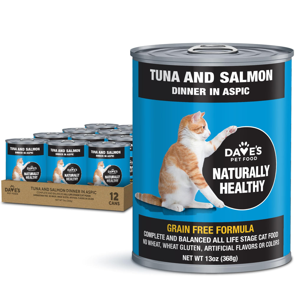 Dave's Pet Food tuna-salmon dinner in aspic open can, tasty protein option