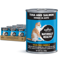Dave's Pet Food tuna-salmon dinner in aspic open can, tasty protein option