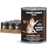 Dave's Pet Food turkey wet cat food can highlighting grain-free formula for hydration.
