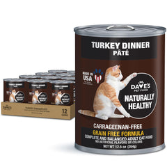 Dave's Pet Food turkey wet cat food can highlighting grain-free formula for hydration.