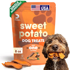 Davie's Naturals Sweet Potato Dog Treats bag shows wholesome single-ingredient snack.