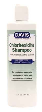 Davis Chlorhexidine pet shampoo bottle showing 2% formula for healthy skin and coat.