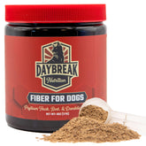 Daybreak Nutrition Fiber for Dogs bottle close-up highlighting premium digestive ingredients