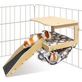 DCIAER Guinea Pig Hideout in natural wood with hammock offers a cozy resting spot.