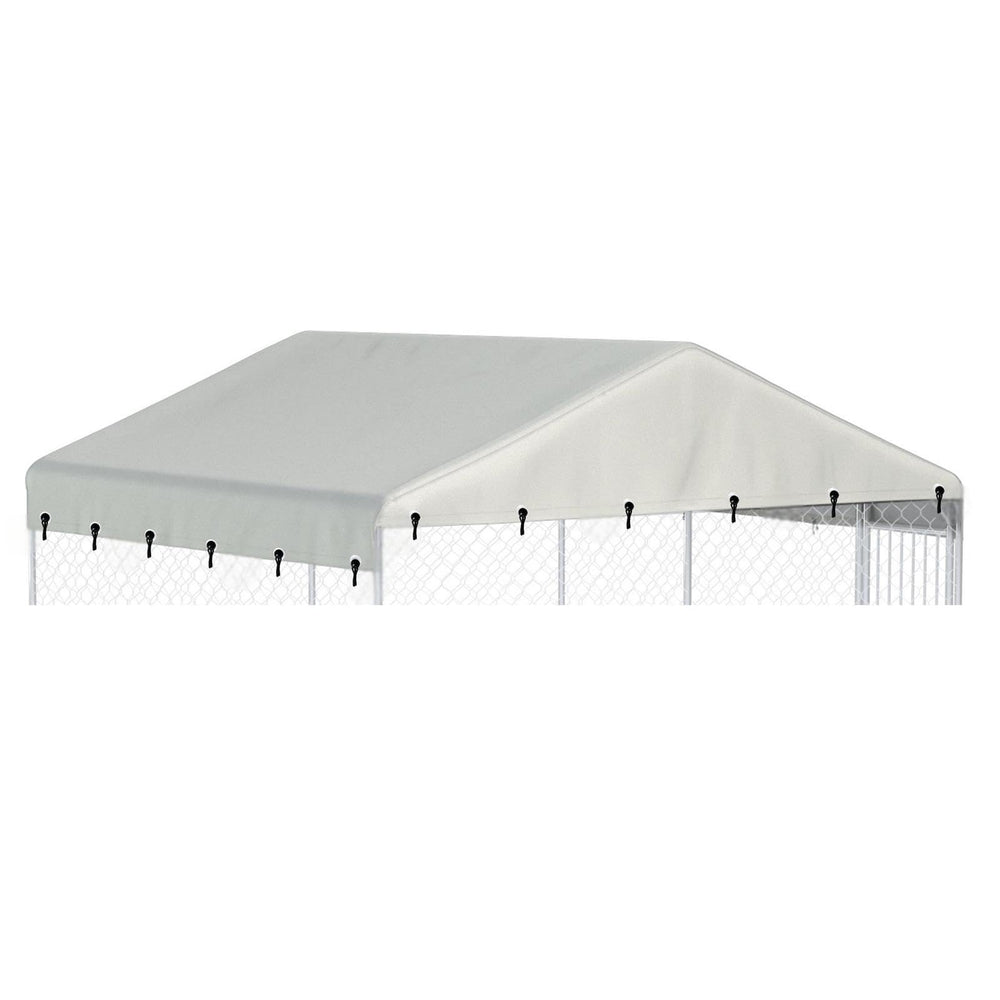 Ddeman 10x10 beige kennel cover protecting an outdoor dog kennel