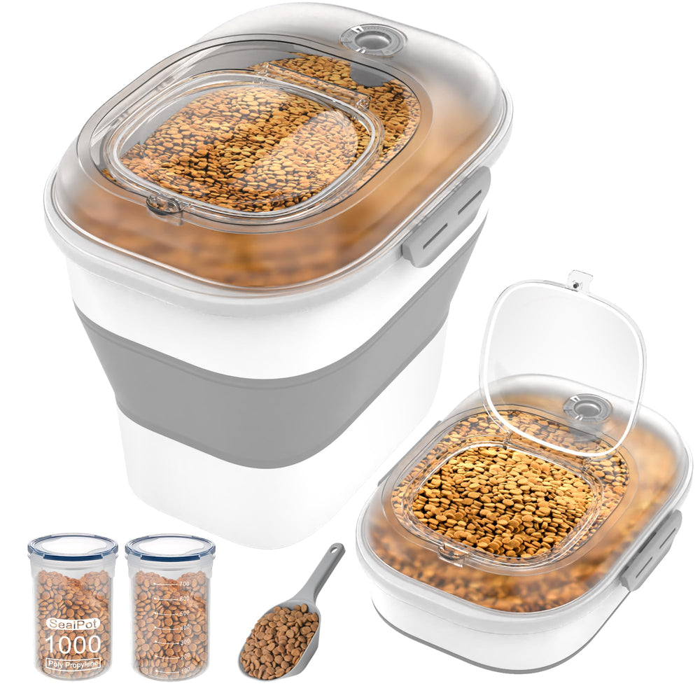 DDMOMMY dog food storage container collapsible design for space saving and freshness.
