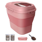DDMOMMY pink dog food container with foldable wheels for easy movement storage.