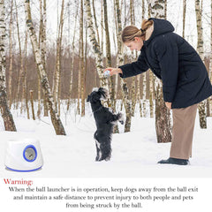DDQ ball launcher distance settings illustration shows adjustable throw ranges for indoor or outdoor use.