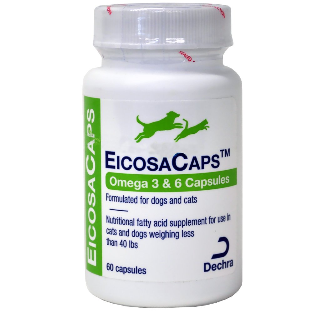 Dechra EicosaCaps omega-3-6 capsules bottle for pets supports healthy skin and coat in pets under 40 lb