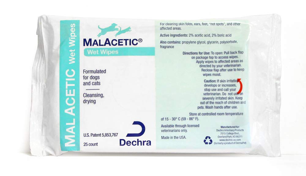 Dechra MalAcetic Wet Wipes package closeup for cats and dogs, quick skin and coat cleansing after exposure