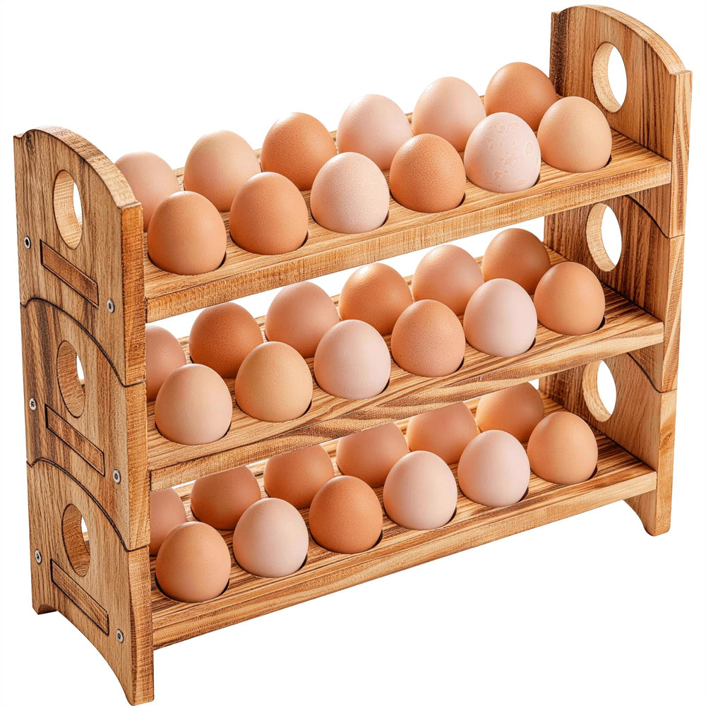 DeepRedCoast wooden egg holder in front view for organized countertop storage.