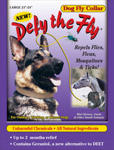 Defy The Fly dog collar front view with chemical-free pest deterrence for outdoor walks.