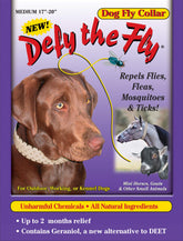 Defy The Fly dog collar with natural finish protects outdoors from flies