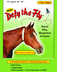 Defy The Fly collar worn on a horse's neck, easy snap-on and insect protection.