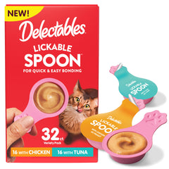 Delectables Lickable Spoon handheld cat treats for mess-free bonding.