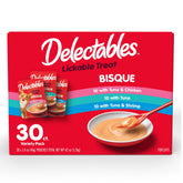 Delectables lickable bisque pouches, convenient cat treats for hydration and quick toppers.