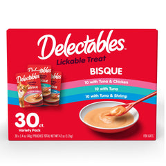 Delectables lickable bisque pouches, convenient cat treats for hydration and quick toppers.