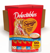 Delectables Squeeze Up handheld cat treat for convenient bonding.