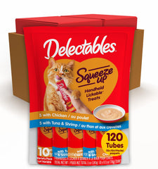 Delectables Squeeze Up handheld cat treat for convenient bonding.