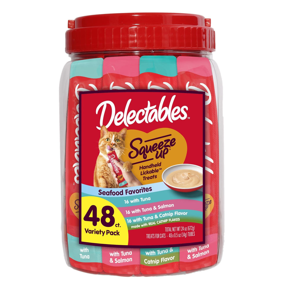 Delectables Squeeze Up tuna-salmon catnip variety tubes shown for daily lickable treats.