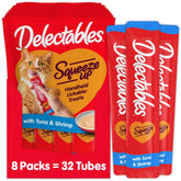 Delectables Squeeze Up tuna and shrimp tubes pack enhances daily bonding with a tasty lickable treat.
