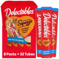 Delectables Squeeze Up tuna and shrimp tubes pack enhances daily bonding with a tasty lickable treat.