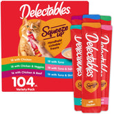 Delectables Squeeze Up variety pack with 104 tubes for daily feline rewards and bonding.