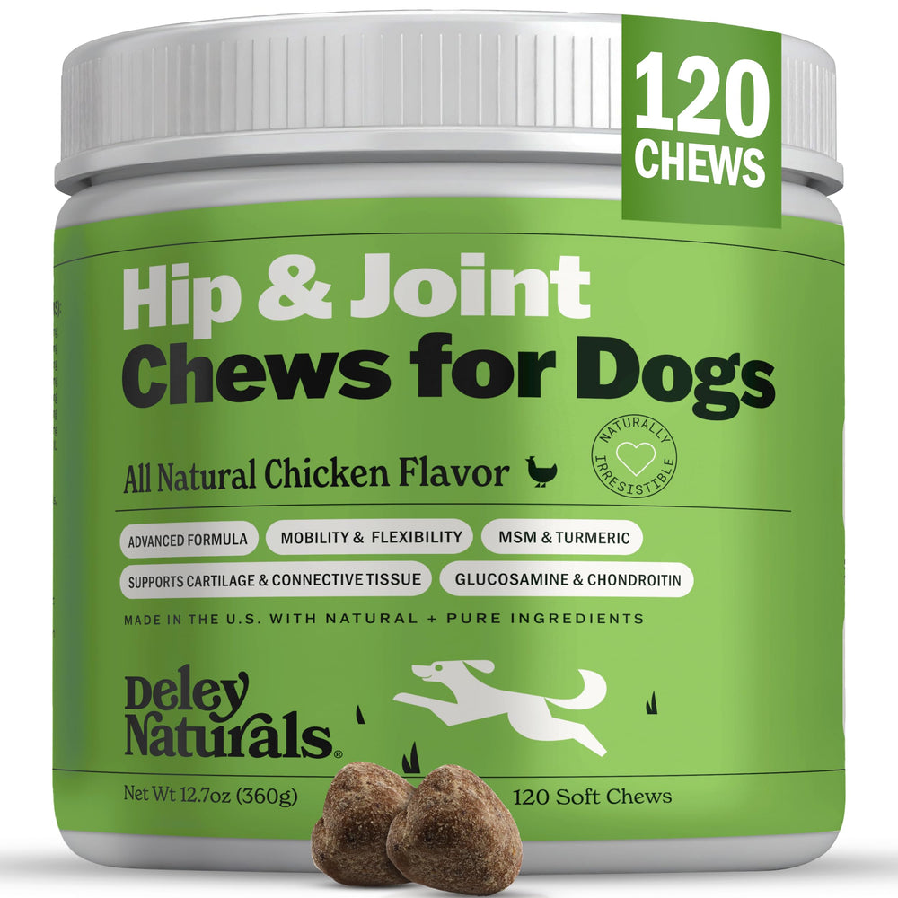 Deley Naturals hip and joint dog chews bottle showing easy daily supplementation
