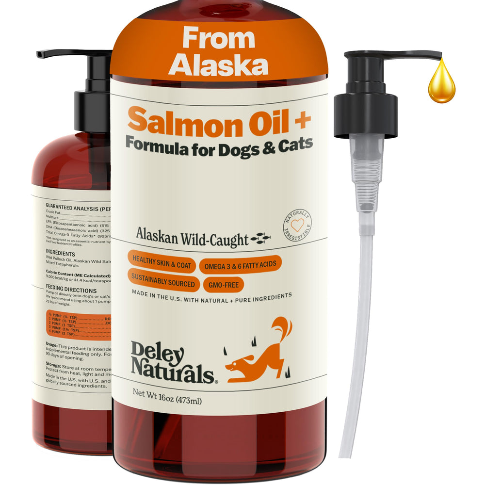 Deley Naturals Wild Alaskan Salmon Oil bottle-pour shown for dogs and cats, supports skin and coat health.