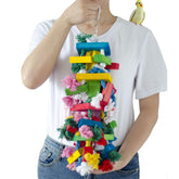 Deloky Bird Block Knots Toy front view shows colorful natural wood safe for chewing.