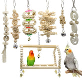 Deloky swing toy assembly provides a playful climbing perch for curious birds.