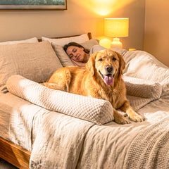DenMate on-bed dog bed in cream and brown offers cozy shared space.