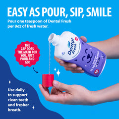 Dental Fresh flavorless formula added to a pet's water bowl for dental care.