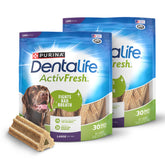 Dentalife ActivFresh pack front with two resealable bags for large dogs, keeps chews fresh.