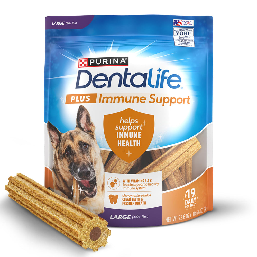 Dentalife Plus Immune Support pack with 19 chews for large dogs, ready for daily care.