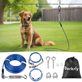 Derkriy dog runner 100ft cable in the yard promotes safe, controlled outdoor play.