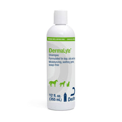 DermaLyte Shampoo bottle pour showing easy rinse for sensitive skin on pets